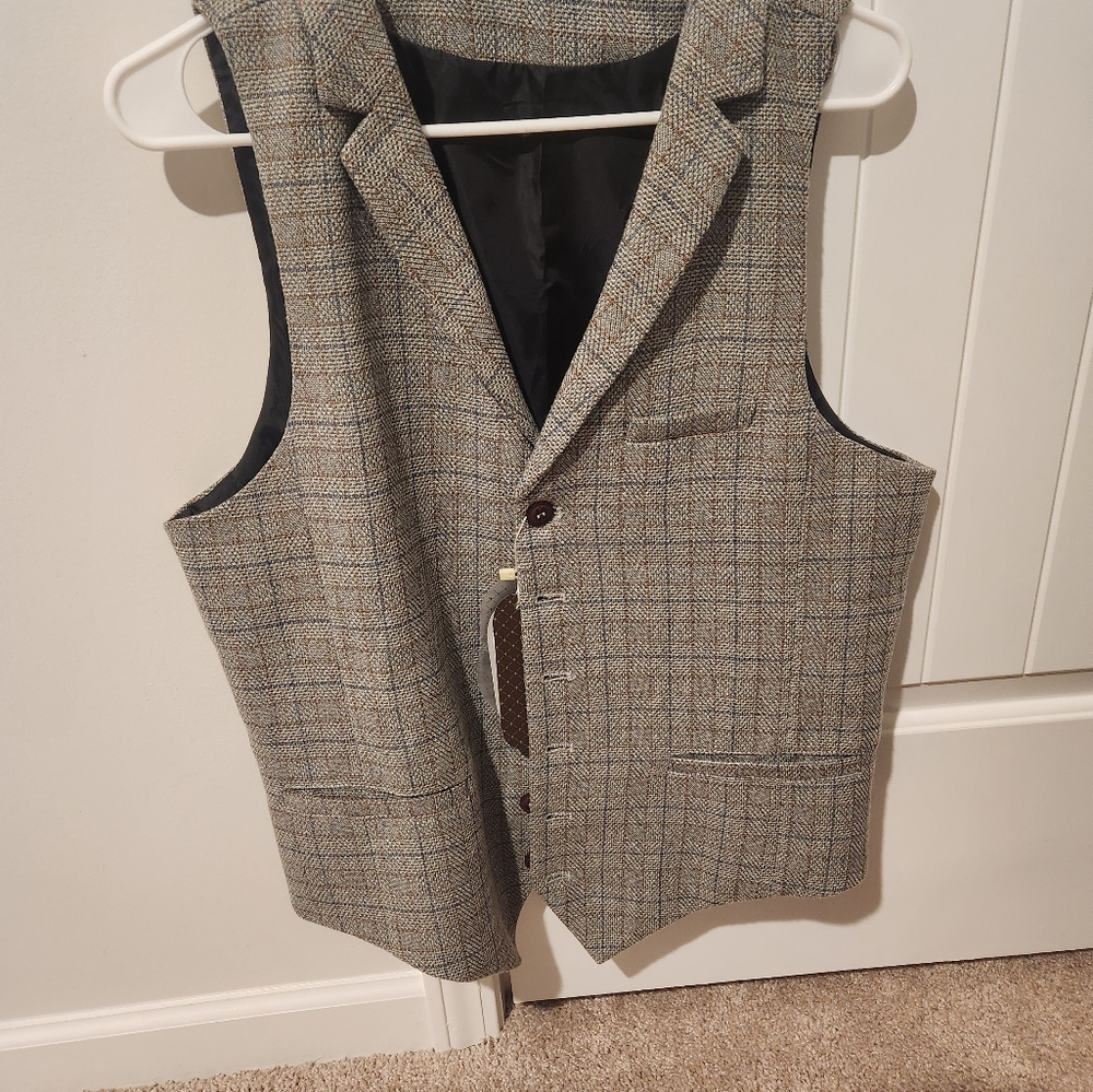 Men's Zicac Casual Slim Fit Waistcoat Vest Grey Checkered Size Large NWT